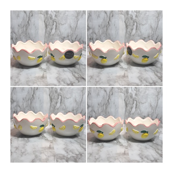 Luna & Sage Set of 2 Lemon Theme Bowls With Pink Scallop Rim Kitchen Dinnerware - Picture 6 of 10